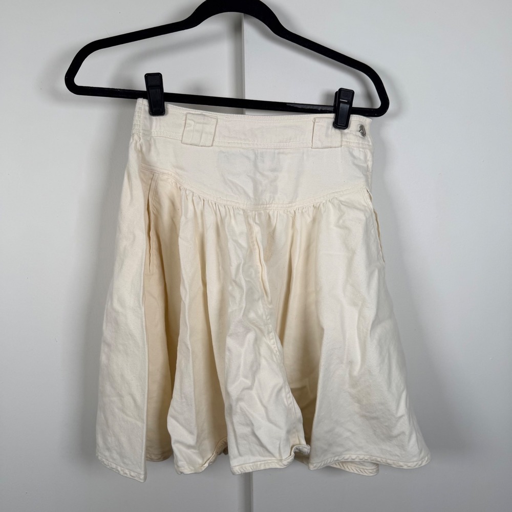 Lizwear Vintage Off White Cotton Denim Flared Mini Skirt High Waist Pockets 6